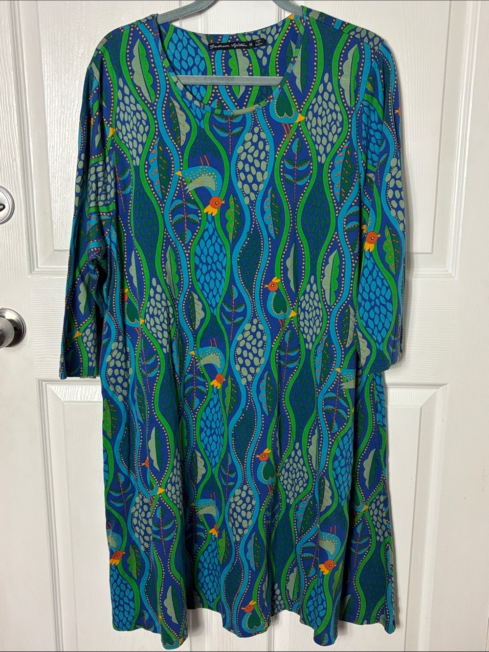 GUDRUN SJODEN Vibrant Blue-Green Patterned Bird Leaf Tunic Dress Size XXL Lagen